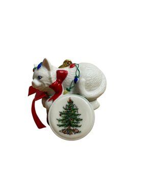 Spode Christmas Tree Cat Kitty Ornament w Lights and Red Bow Ceramic 3.5 Inches